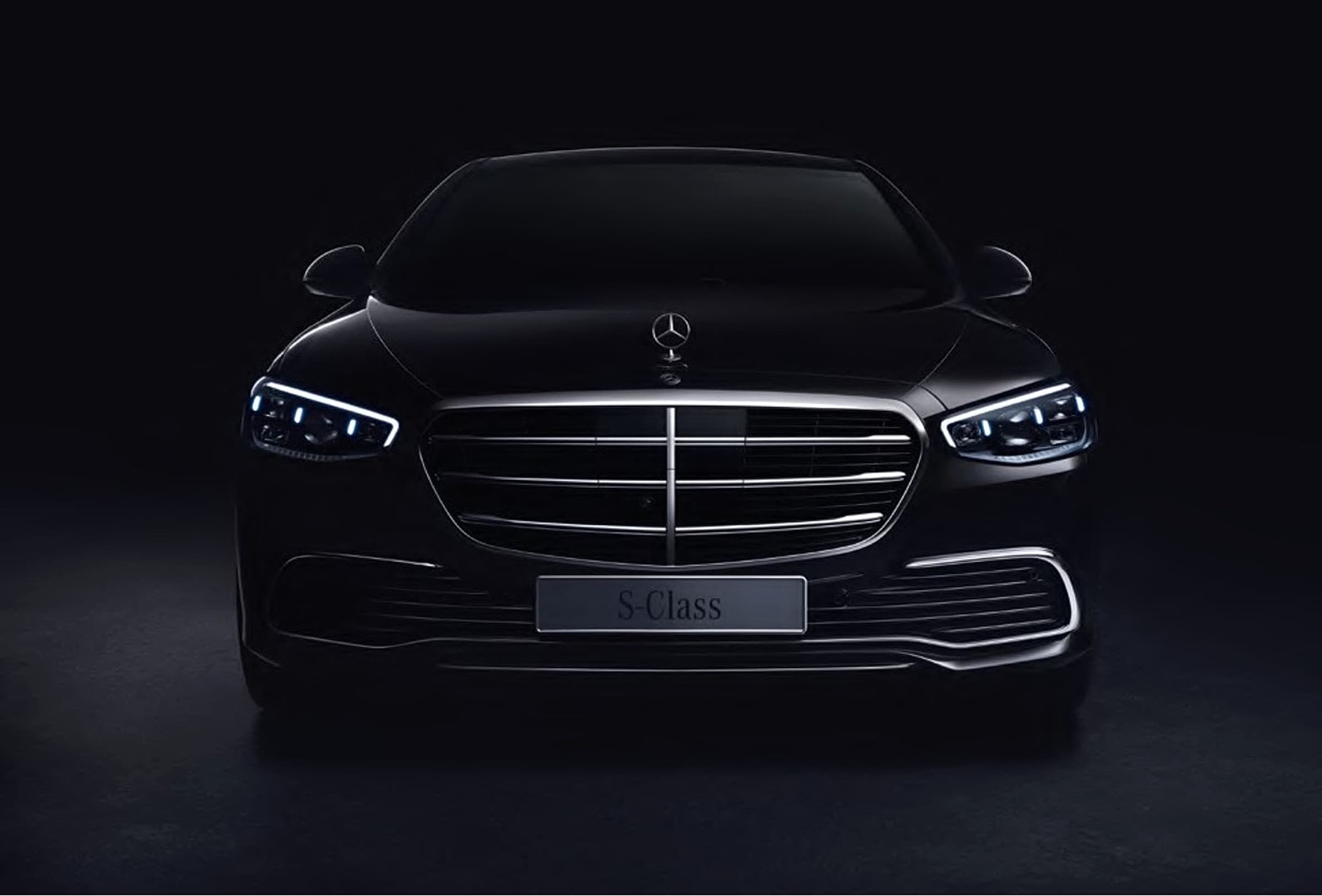 Black Mercedes S-Class front profile and lighting